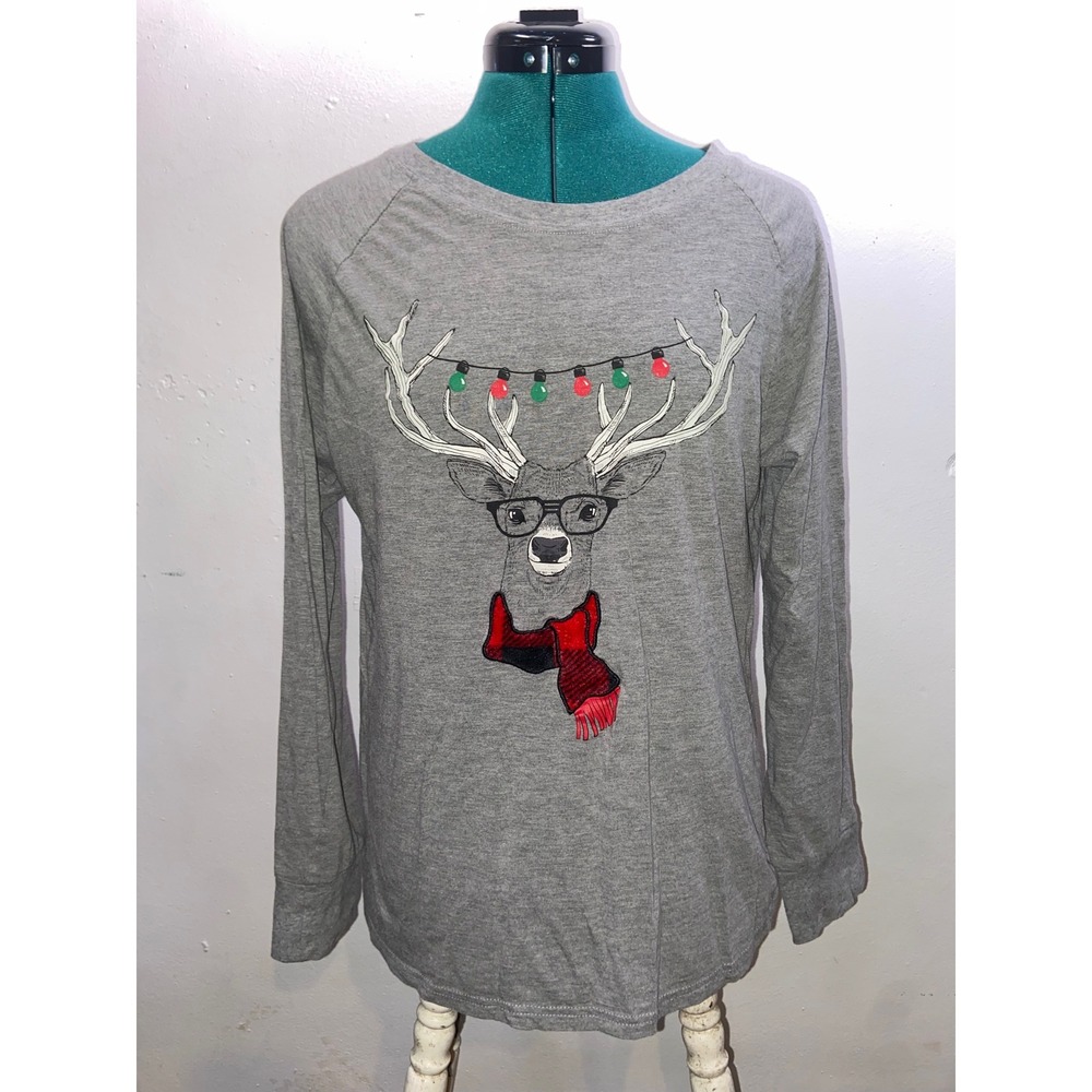 Holiday Glamjams Christmas Festive Reindeer Glasses Scarf Long Sleeve Pajama Top
